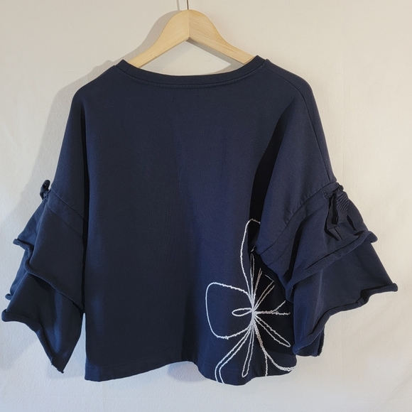 Parker Oamara Navy Blue Crewneck Floral Topstitch Cotton Blouse XL Artsy Boho - Picture 4 of 12